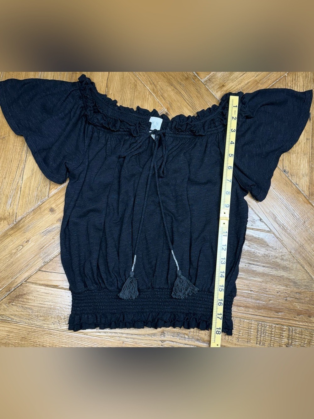We The Free Free People Black Smocked Peasant Top Tassel Ties - Size S - Picture 5 of 12